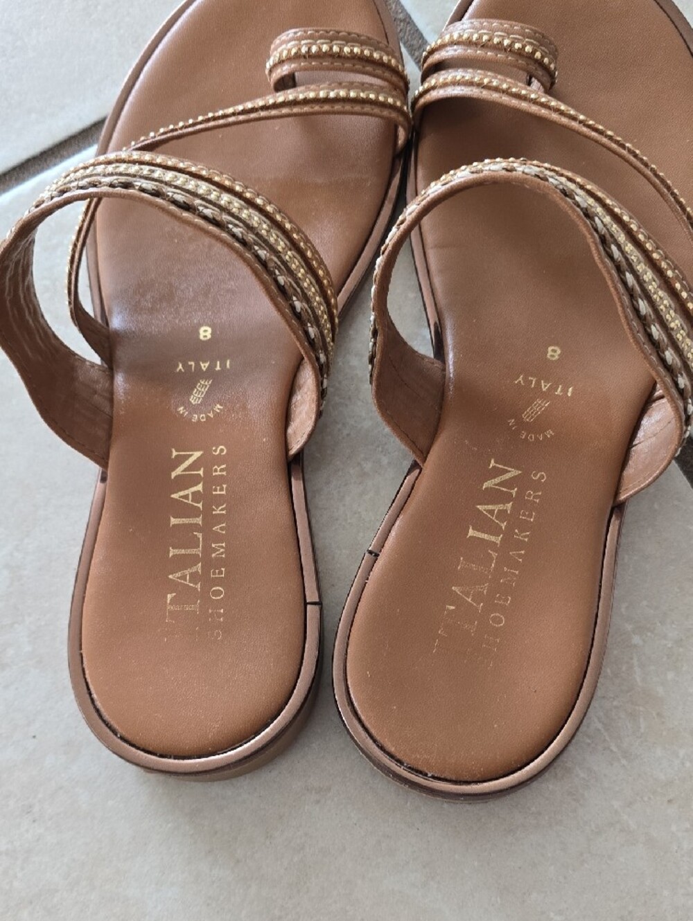 Italian Shoemakers Tan Sz 8 Leather Beaded Slide Sandals - Picture 3 of 5